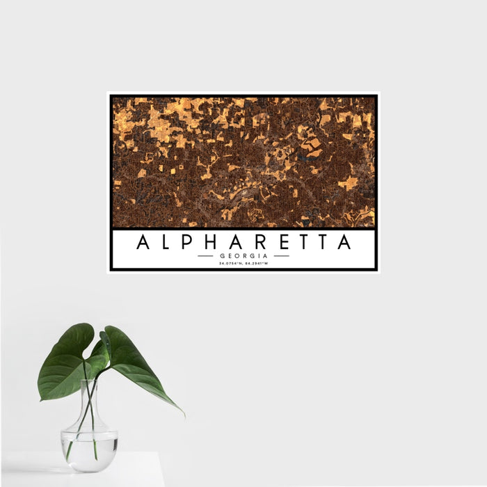 16x24 Alpharetta Georgia Map Print Landscape Orientation in Ember Style With Tropical Plant Leaves in Water