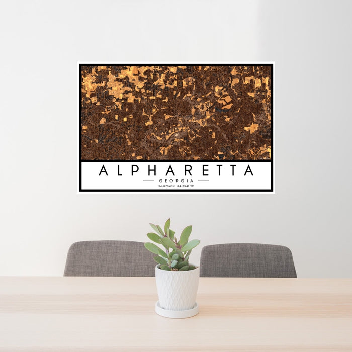 24x36 Alpharetta Georgia Map Print Landscape Orientation in Ember Style Behind 2 Chairs Table and Potted Plant