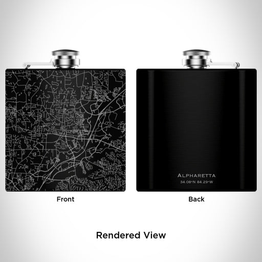Rendered View of Alpharetta Georgia Map Engraving on 6oz Stainless Steel Flask in Black