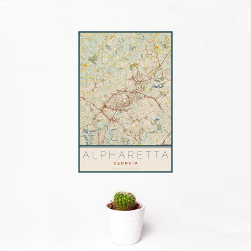 12x18 Alpharetta Georgia Map Print Portrait Orientation in Woodblock Style With Small Cactus Plant in White Planter