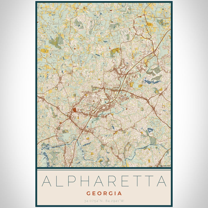 Alpharetta Georgia Map Print Portrait Orientation in Woodblock Style With Shaded Background