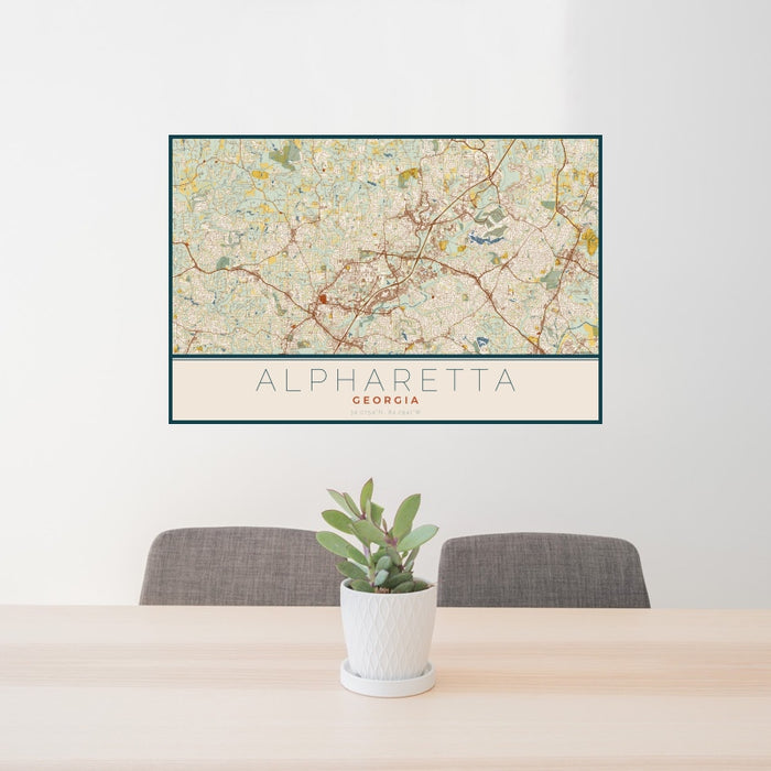 24x36 Alpharetta Georgia Map Print Landscape Orientation in Woodblock Style Behind 2 Chairs Table and Potted Plant