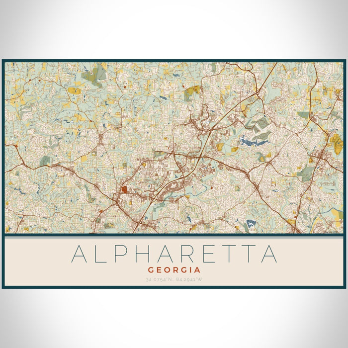 Alpharetta Georgia Map Print Landscape Orientation in Woodblock Style With Shaded Background