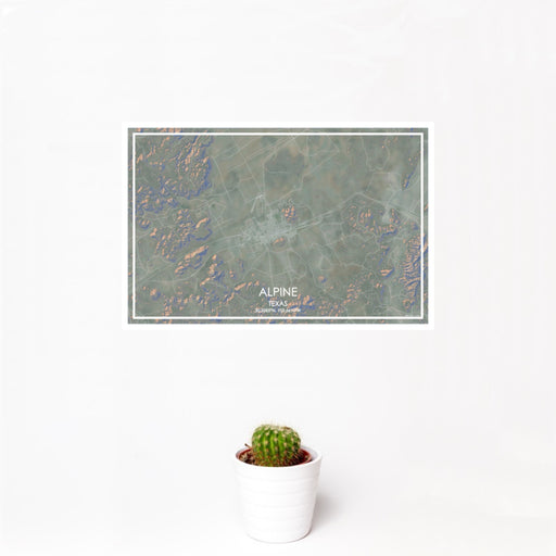 12x18 Alpine Texas Map Print Landscape Orientation in Afternoon Style With Small Cactus Plant in White Planter