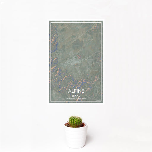12x18 Alpine Texas Map Print Portrait Orientation in Afternoon Style With Small Cactus Plant in White Planter