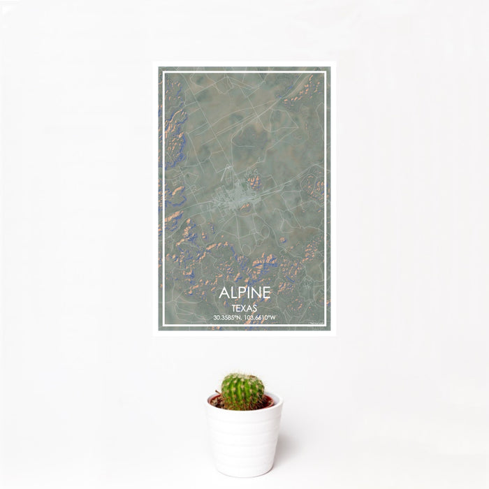 12x18 Alpine Texas Map Print Portrait Orientation in Afternoon Style With Small Cactus Plant in White Planter
