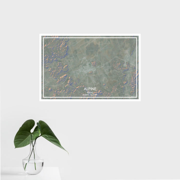 16x24 Alpine Texas Map Print Landscape Orientation in Afternoon Style With Tropical Plant Leaves in Water