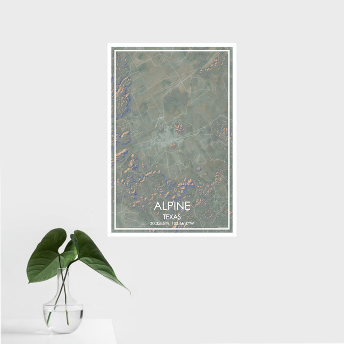 16x24 Alpine Texas Map Print Portrait Orientation in Afternoon Style With Tropical Plant Leaves in Water