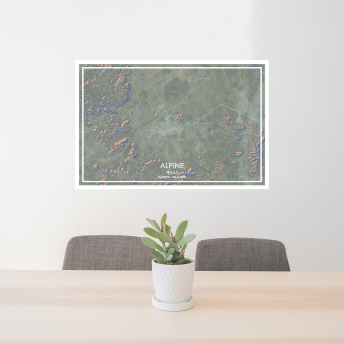 24x36 Alpine Texas Map Print Lanscape Orientation in Afternoon Style Behind 2 Chairs Table and Potted Plant