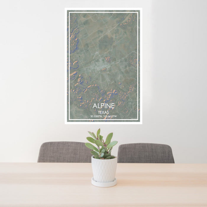 24x36 Alpine Texas Map Print Portrait Orientation in Afternoon Style Behind 2 Chairs Table and Potted Plant