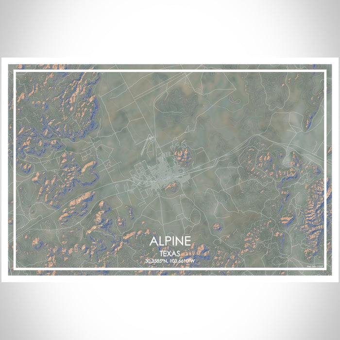 Alpine Texas Map Print Landscape Orientation in Afternoon Style With Shaded Background
