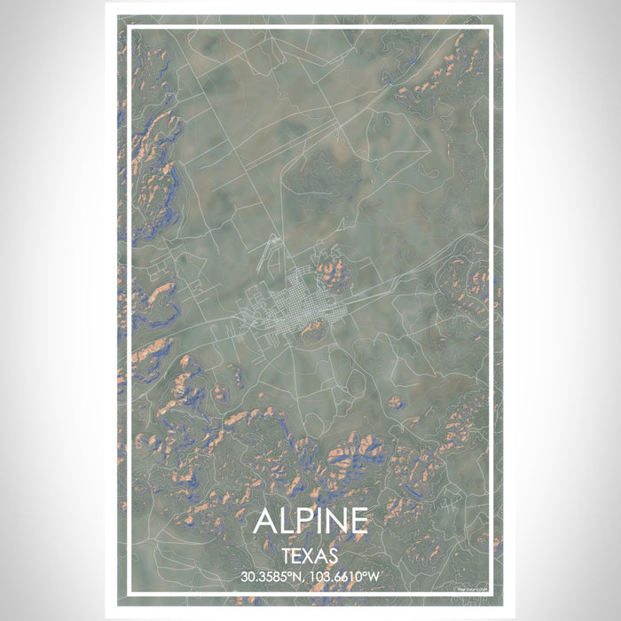 Alpine Texas Map Print Portrait Orientation in Afternoon Style With Shaded Background