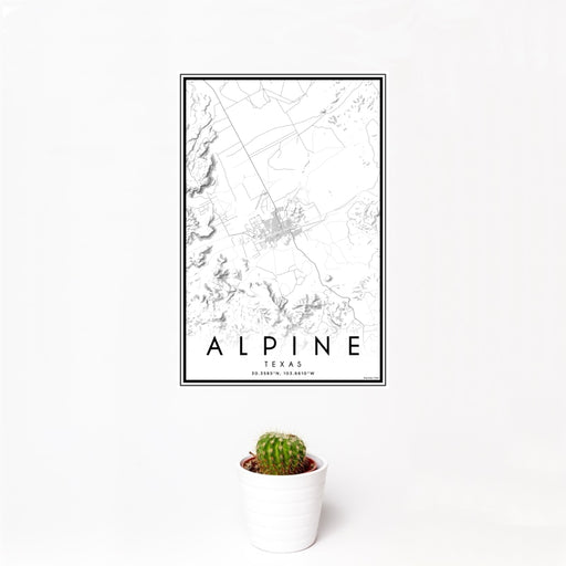 12x18 Alpine Texas Map Print Portrait Orientation in Classic Style With Small Cactus Plant in White Planter