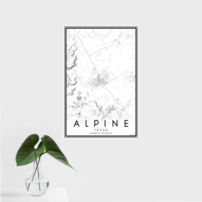 16x24 Alpine Texas Map Print Portrait Orientation in Classic Style With Tropical Plant Leaves in Water