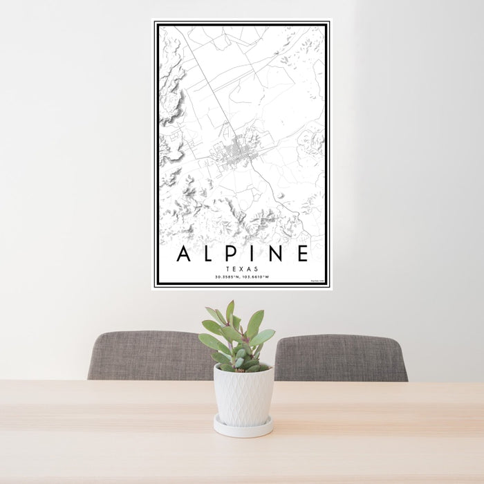 24x36 Alpine Texas Map Print Portrait Orientation in Classic Style Behind 2 Chairs Table and Potted Plant
