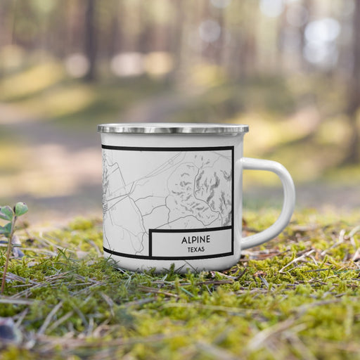 Right View Custom Alpine Texas Map Enamel Mug in Classic on Grass With Trees in Background