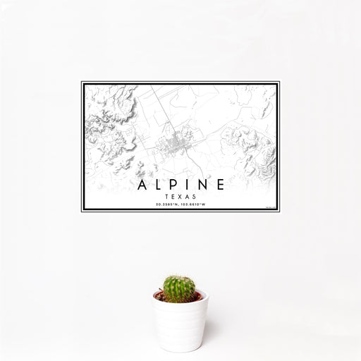 12x18 Alpine Texas Map Print Landscape Orientation in Classic Style With Small Cactus Plant in White Planter