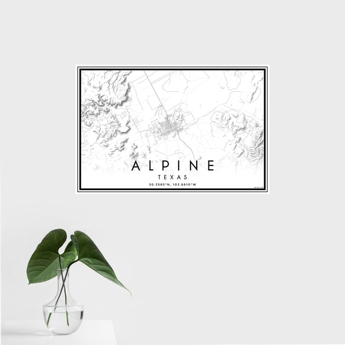 16x24 Alpine Texas Map Print Landscape Orientation in Classic Style With Tropical Plant Leaves in Water
