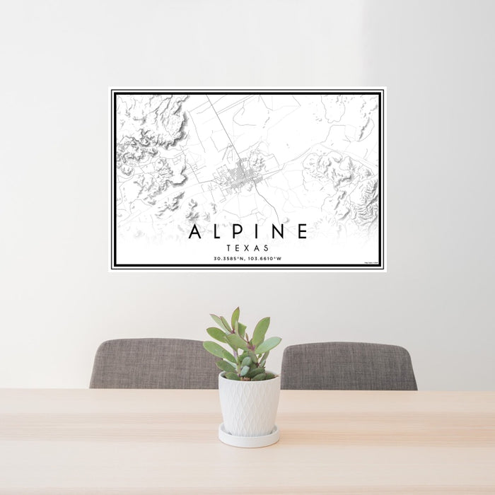 24x36 Alpine Texas Map Print Landscape Orientation in Classic Style Behind 2 Chairs Table and Potted Plant