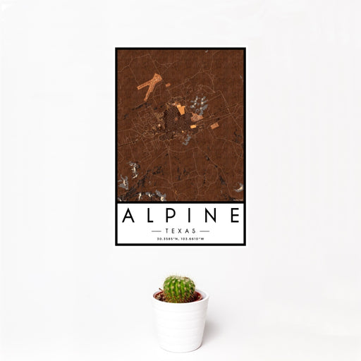 12x18 Alpine Texas Map Print Portrait Orientation in Ember Style With Small Cactus Plant in White Planter