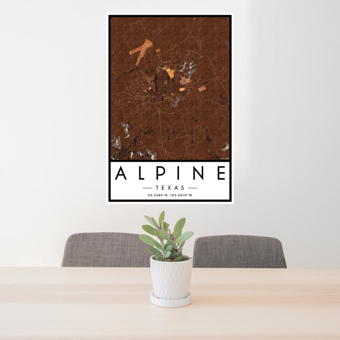 24x36 Alpine Texas Map Print Portrait Orientation in Ember Style Behind 2 Chairs Table and Potted Plant