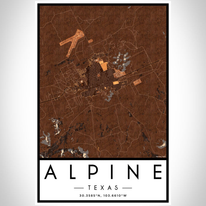 Alpine Texas Map Print Portrait Orientation in Ember Style With Shaded Background