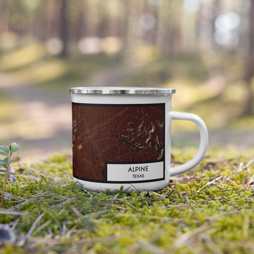 Right View Custom Alpine Texas Map Enamel Mug in Ember on Grass With Trees in Background