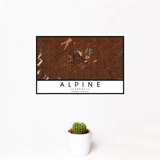 12x18 Alpine Texas Map Print Landscape Orientation in Ember Style With Small Cactus Plant in White Planter