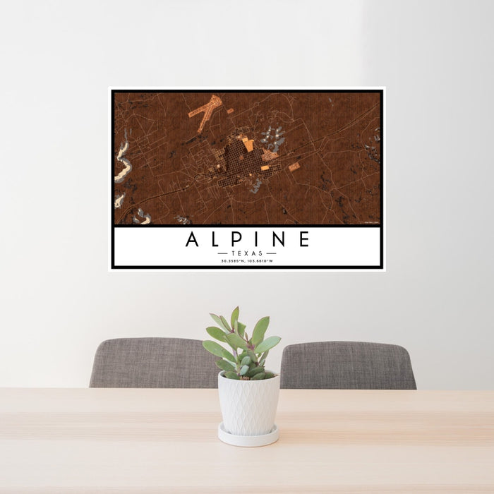 24x36 Alpine Texas Map Print Landscape Orientation in Ember Style Behind 2 Chairs Table and Potted Plant