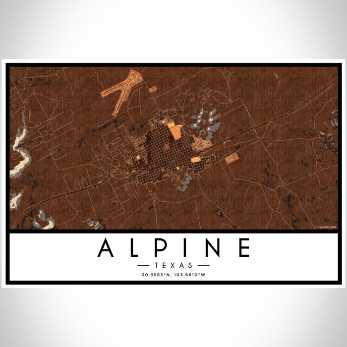 Alpine Texas Map Print Landscape Orientation in Ember Style With Shaded Background