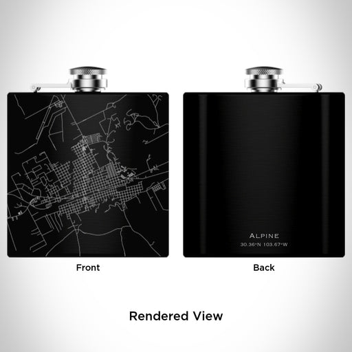 Rendered View of Alpine Texas Map Engraving on 6oz Stainless Steel Flask in Black