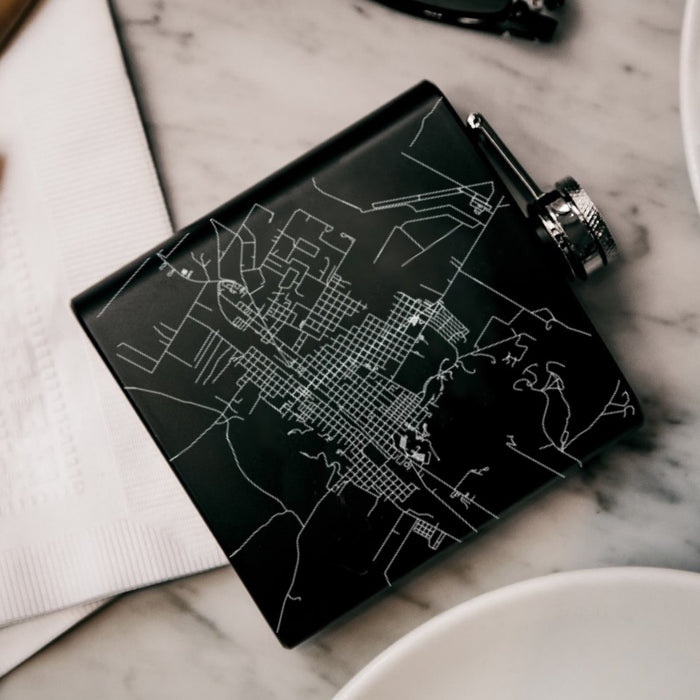 Alpine Texas Custom Engraved City Map Inscription Coordinates on 6oz Stainless Steel Flask in Black