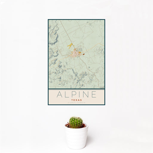 12x18 Alpine Texas Map Print Portrait Orientation in Woodblock Style With Small Cactus Plant in White Planter