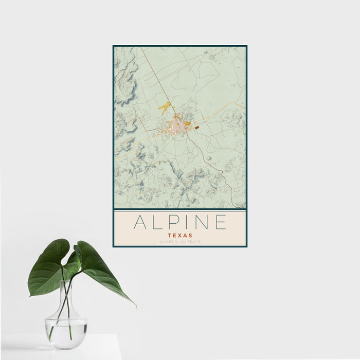 16x24 Alpine Texas Map Print Portrait Orientation in Woodblock Style With Tropical Plant Leaves in Water