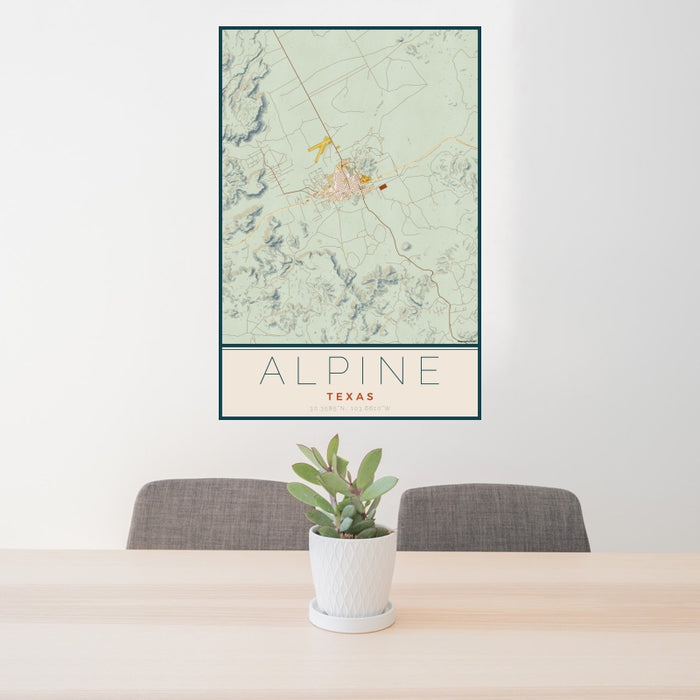 24x36 Alpine Texas Map Print Portrait Orientation in Woodblock Style Behind 2 Chairs Table and Potted Plant