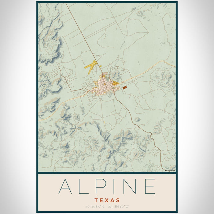 Alpine Texas Map Print Portrait Orientation in Woodblock Style With Shaded Background