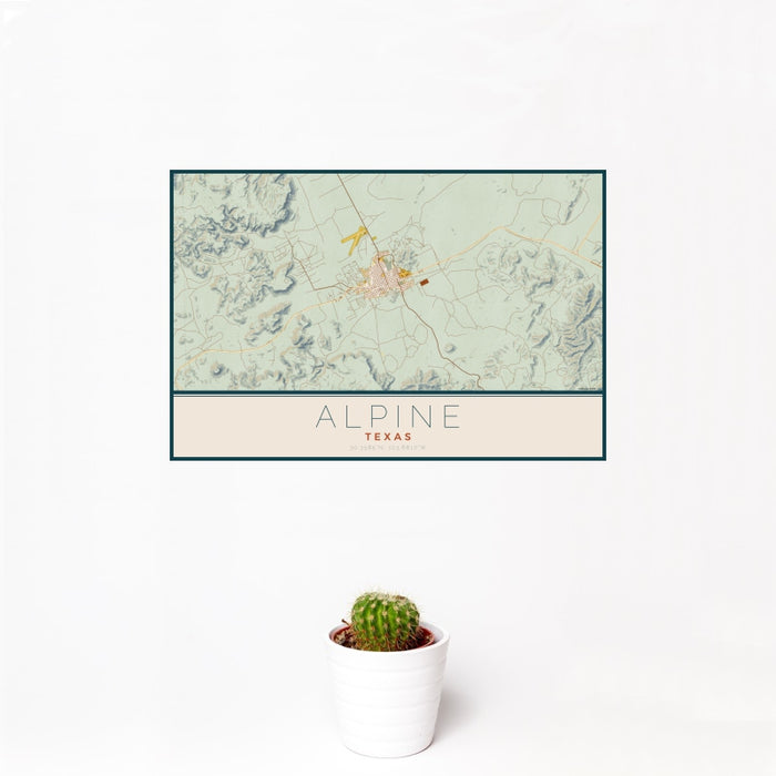 12x18 Alpine Texas Map Print Landscape Orientation in Woodblock Style With Small Cactus Plant in White Planter