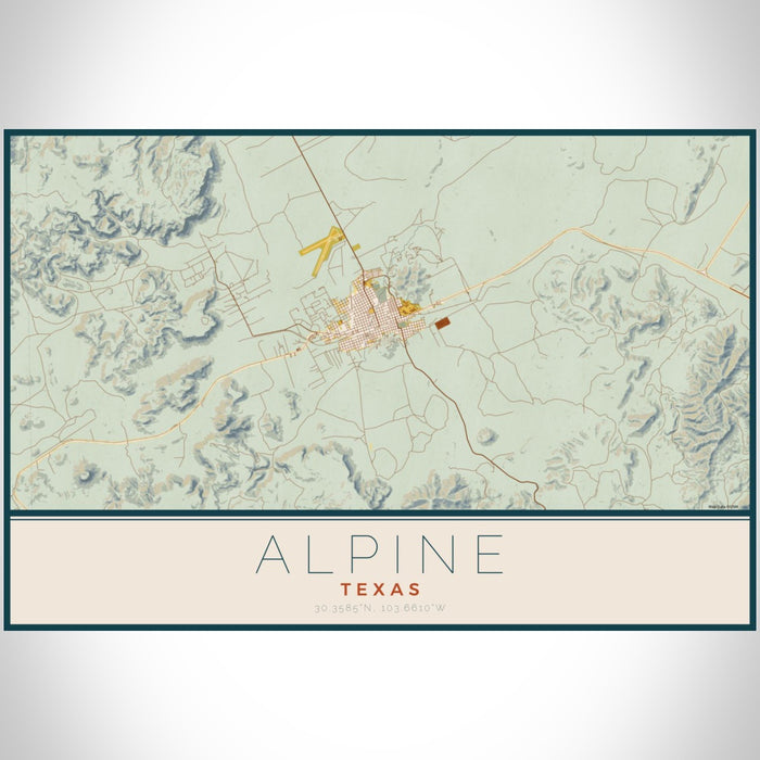 Alpine Texas Map Print Landscape Orientation in Woodblock Style With Shaded Background