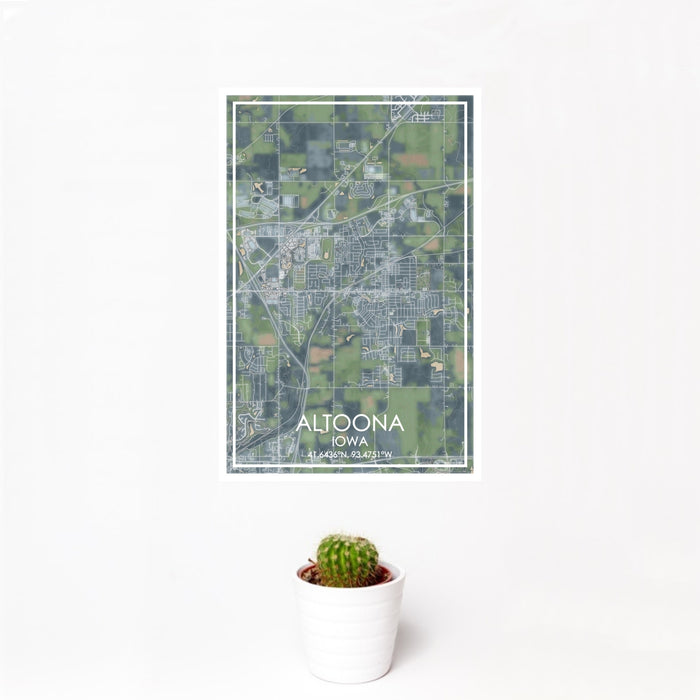 12x18 Altoona Iowa Map Print Portrait Orientation in Afternoon Style With Small Cactus Plant in White Planter