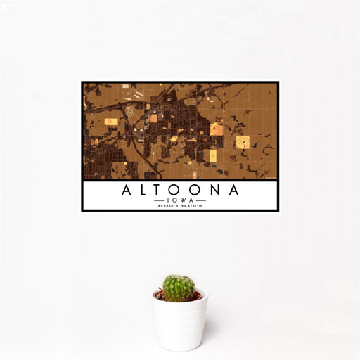 12x18 Altoona Iowa Map Print Landscape Orientation in Ember Style With Small Cactus Plant in White Planter