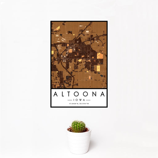 12x18 Altoona Iowa Map Print Portrait Orientation in Ember Style With Small Cactus Plant in White Planter