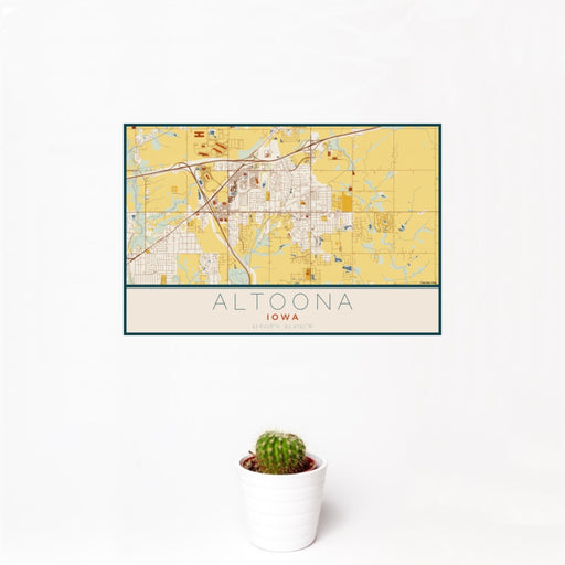 12x18 Altoona Iowa Map Print Landscape Orientation in Woodblock Style With Small Cactus Plant in White Planter