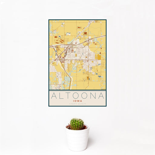 12x18 Altoona Iowa Map Print Portrait Orientation in Woodblock Style With Small Cactus Plant in White Planter