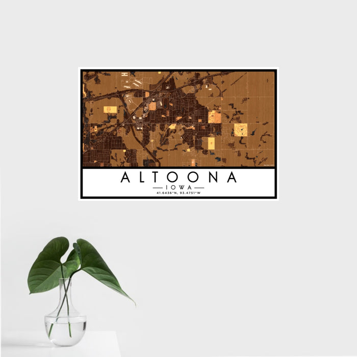 16x24 Altoona Iowa Map Print Landscape Orientation in Ember Style With Tropical Plant Leaves in Water