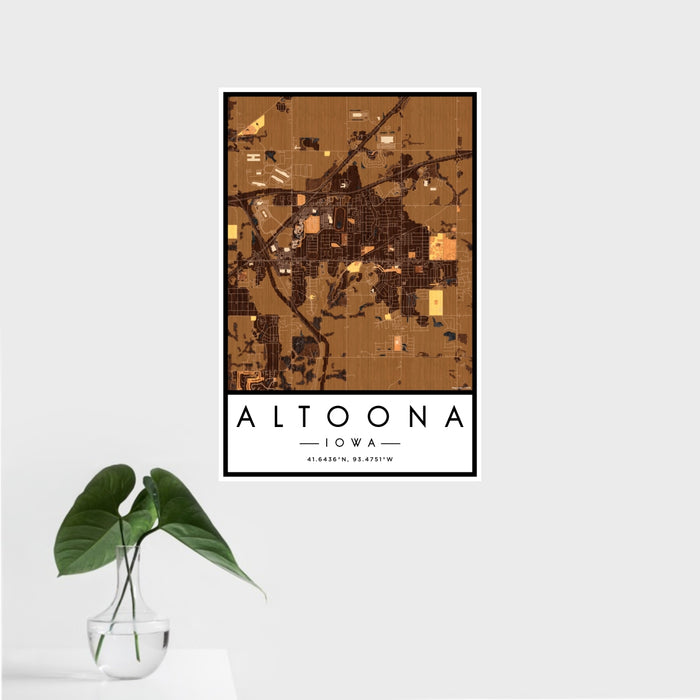 16x24 Altoona Iowa Map Print Portrait Orientation in Ember Style With Tropical Plant Leaves in Water