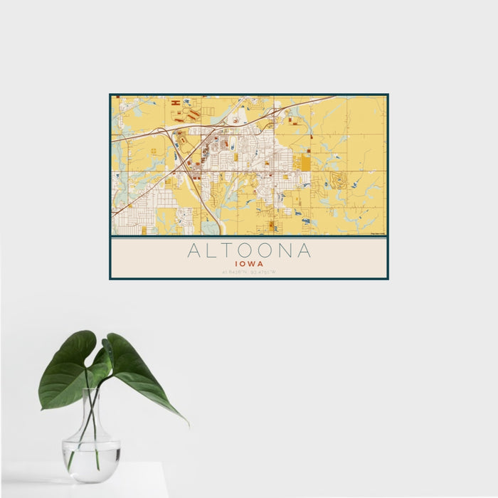 16x24 Altoona Iowa Map Print Landscape Orientation in Woodblock Style With Tropical Plant Leaves in Water