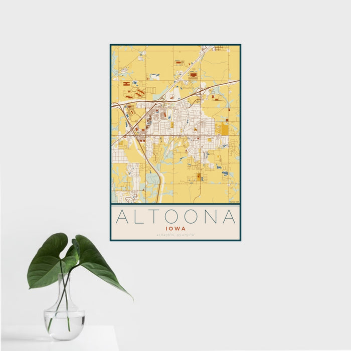 16x24 Altoona Iowa Map Print Portrait Orientation in Woodblock Style With Tropical Plant Leaves in Water