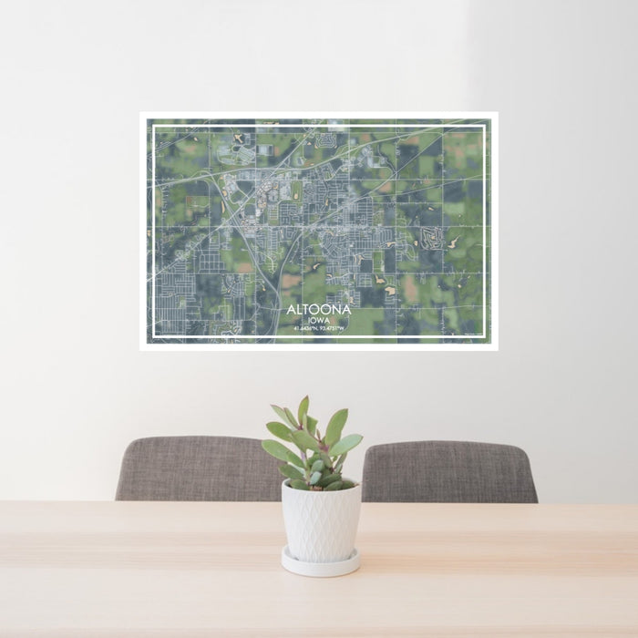 24x36 Altoona Iowa Map Print Lanscape Orientation in Afternoon Style Behind 2 Chairs Table and Potted Plant