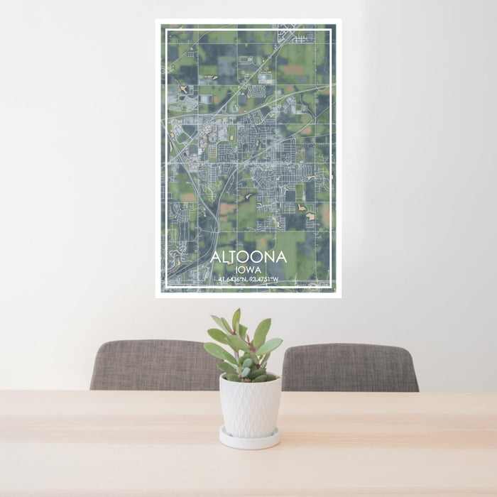 24x36 Altoona Iowa Map Print Portrait Orientation in Afternoon Style Behind 2 Chairs Table and Potted Plant
