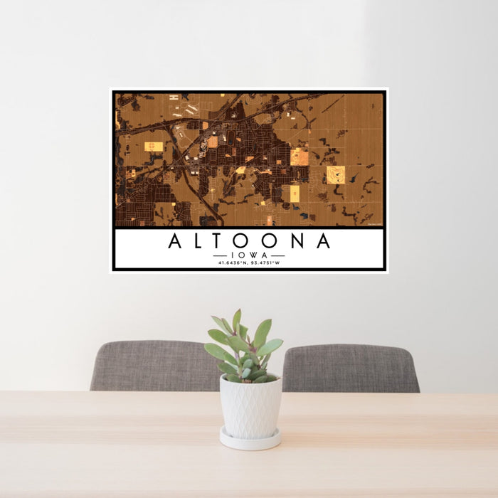 24x36 Altoona Iowa Map Print Lanscape Orientation in Ember Style Behind 2 Chairs Table and Potted Plant